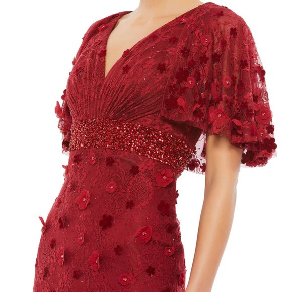 MAC DUGGAL 67712 Embellished Floral Lace Mesh Gown Short Sleeve Burgundy 6 NEW - Picture 2 of 9